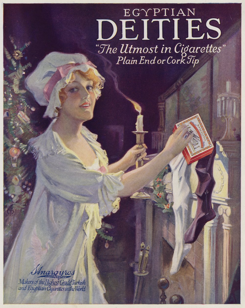 Woman Putting Cigarettes in a Christmas Stocking, Advertisement for Egyptian Deities Cigarettes by American School