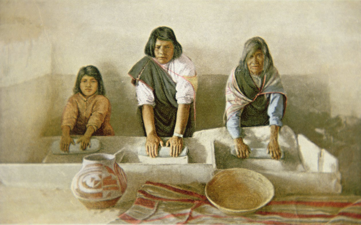 Women Grinding Corn, Pueblo of Laguna, c.1905 by American School