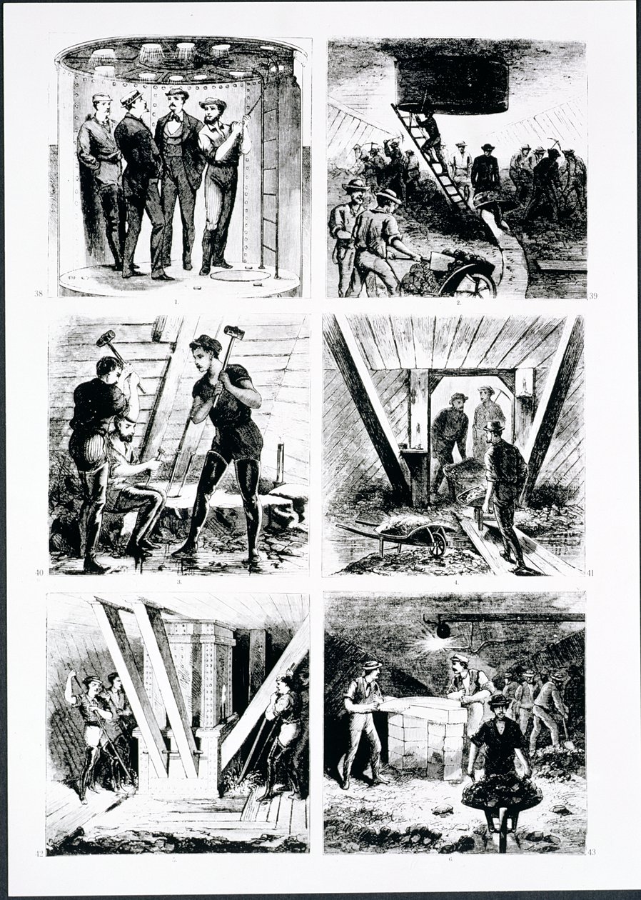 Work inside the caissons, constructing Brooklyn Bridge, New York by American School