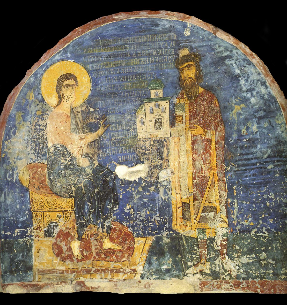 Grand Prince Yaroslav II Vsevolodovich with model of the Nereditsa Church before Christ, 12th century by Ancient Russian frescos