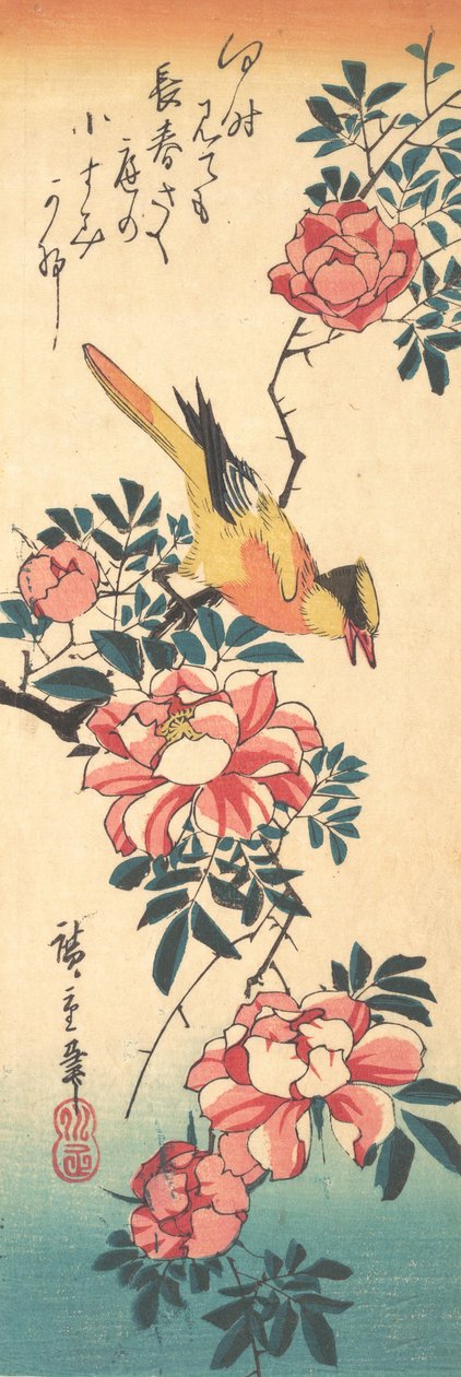 Eastern Grey Wagtail and Rose, early 1830s by Ando Hiroshige