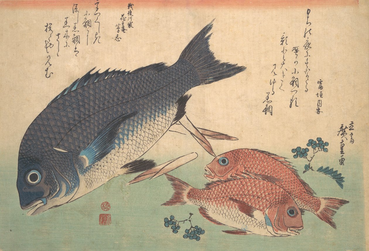Kurodai and Kodai Fish with Bamboo Shoots and Berries, from the series Uozukushi Every V by Ando Hiroshige