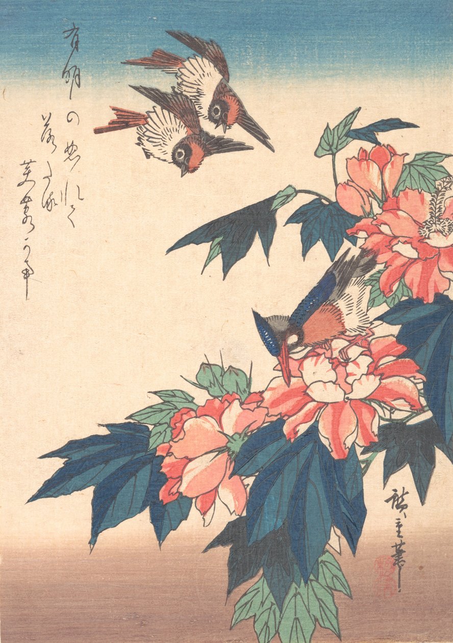 Swallows and Kingfisher with Rose Mallows by Ando Hiroshige