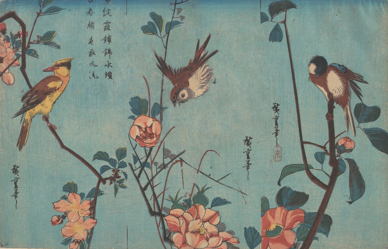 Titmouse and Camellias, Sparrow and Wild Roses, and Black-naped Oriole, ca. 1833 by Ando Hiroshige