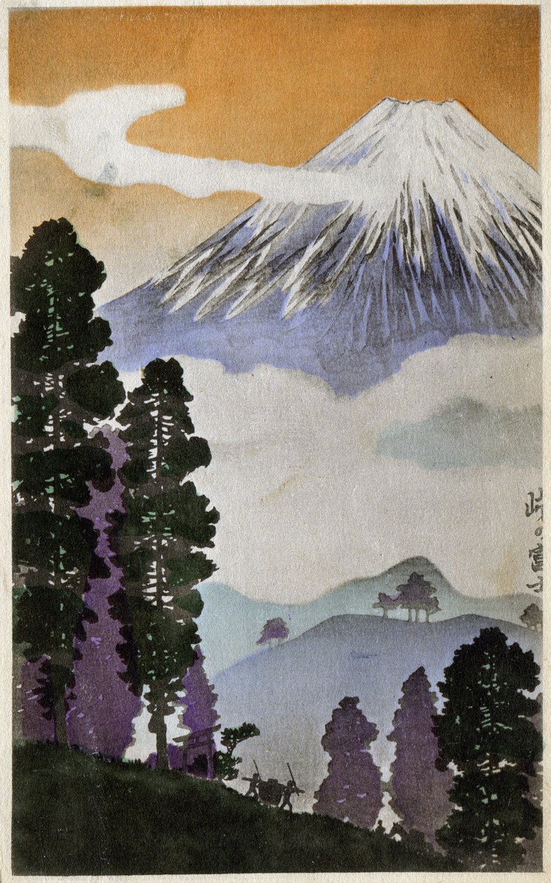 Mount Fuji. Woodcut by Hiroshige in: Fifty Three Stations of the Tokaido (1833-1834). Postcard, Japan, c.1900 by Ando or Utagawa (after) Hiroshige