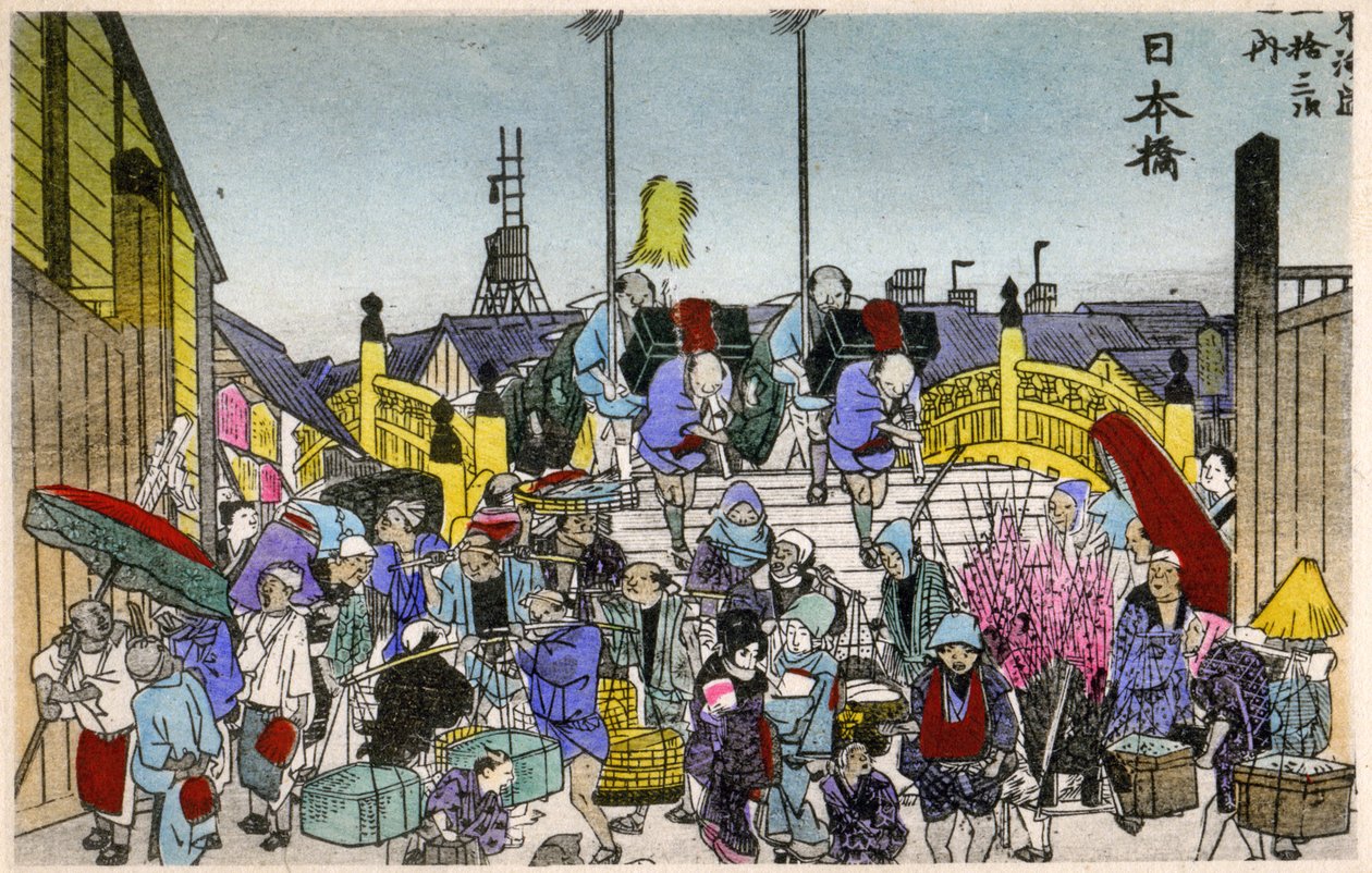 Geography. Japan. The Morning glow at the Nihonbashi (1st station). Woodcut by Hiroshige in: Fifty Three Stations of the Tokaido (1833-1834). Postcard, Japan, c.1900 by Ando or Utagawa (after) Hiroshige