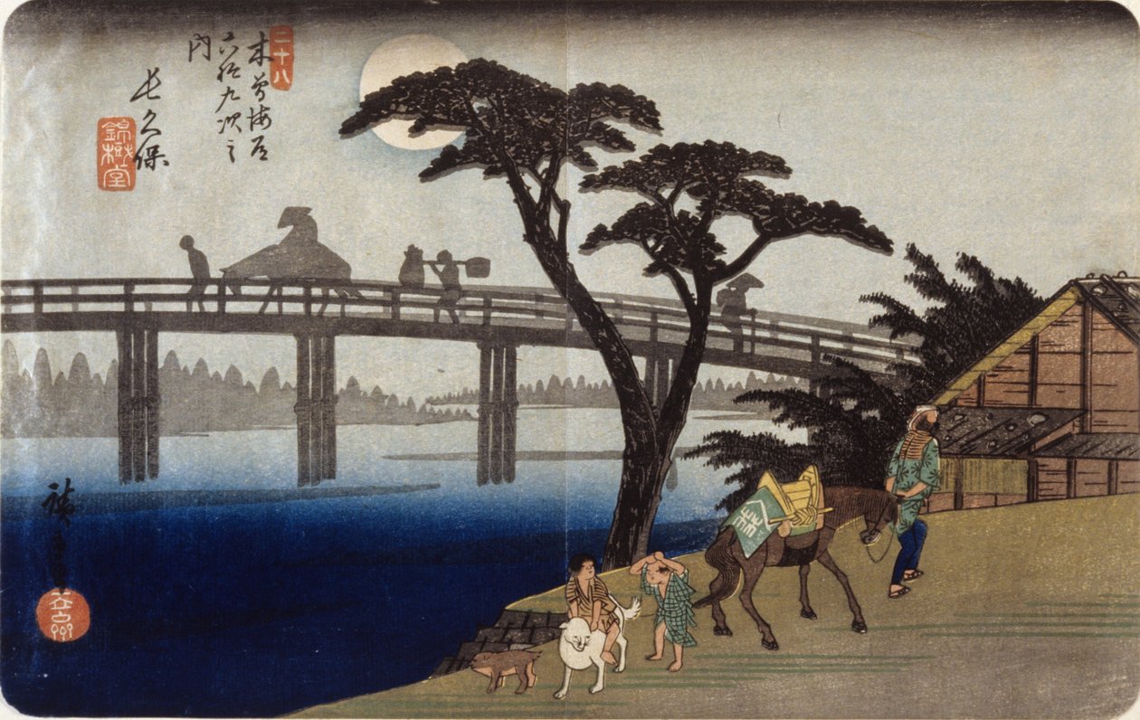 Grey Silhouettes On Bridge by Ando or Utagawa Hiroshige