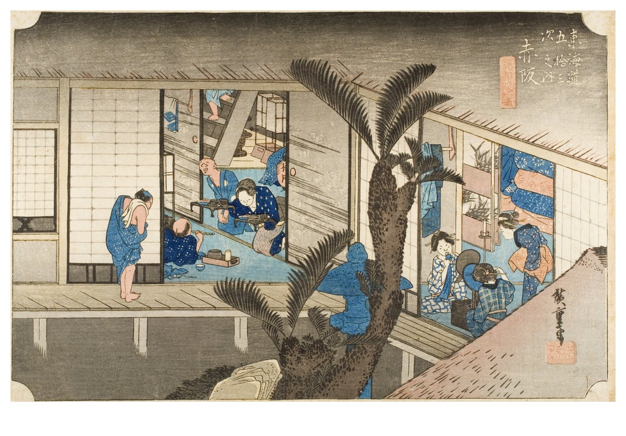 Akasaka: Inn with serving maids from the series The Fifty-three Stations of the Tokaido by Ando or Utagawa Hiroshige
