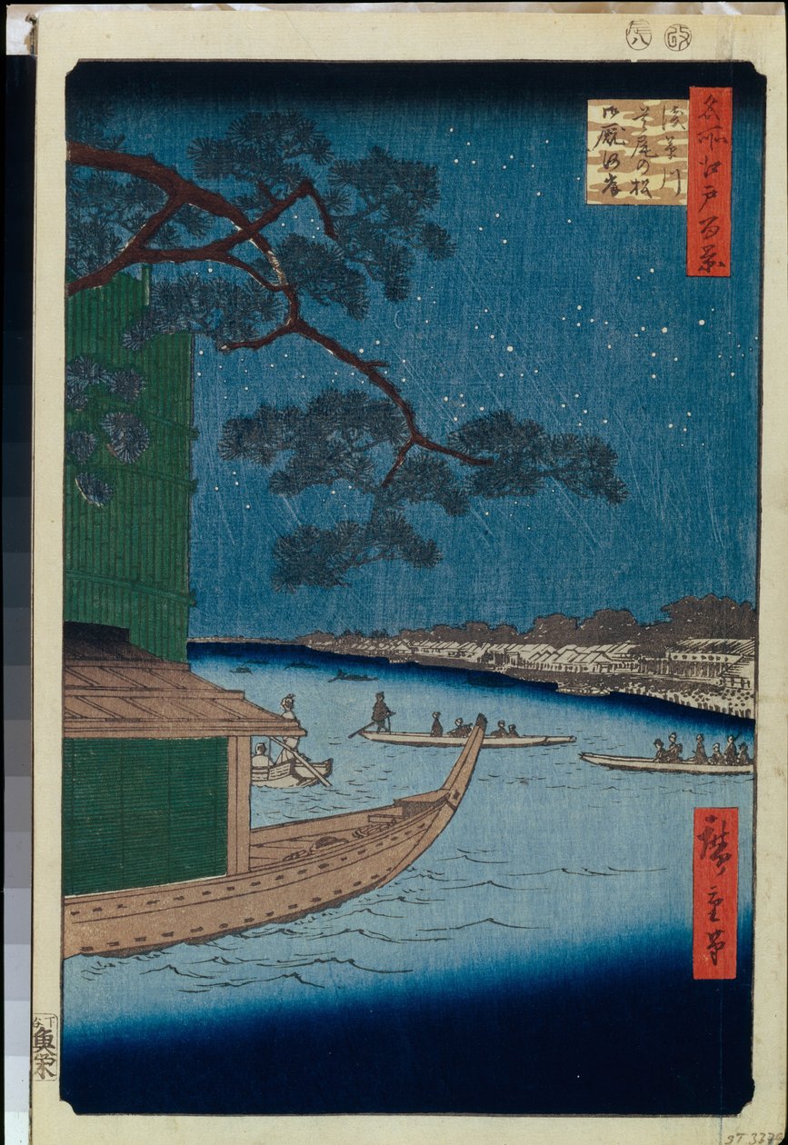 One Hundred Famous Views of Edo: The Pine of Success and Oumayagashi on the Asakusa River (1856-1858) by Ando or Utagawa Hiroshige