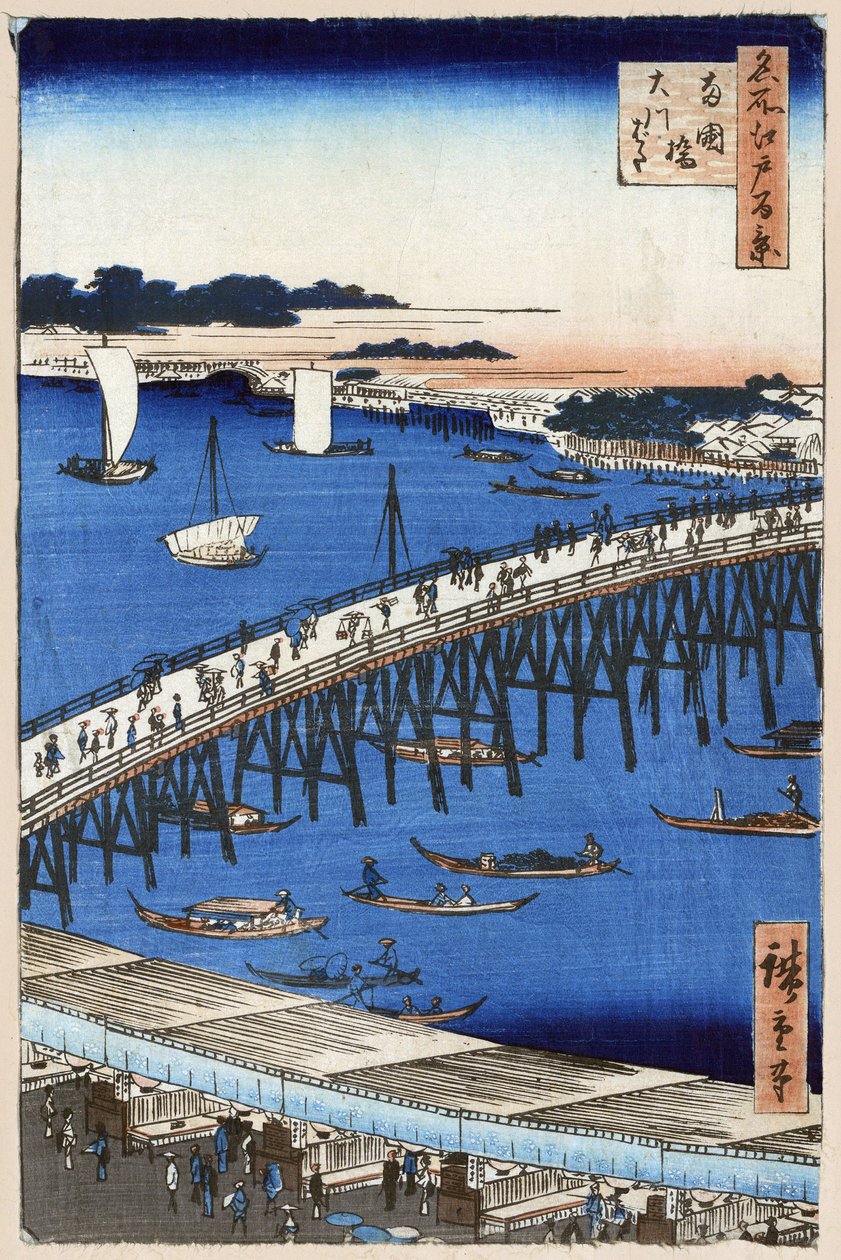 River Bank At Ryogoku Bridge. One Hundred Famous Views of Edo. Japanese print by Utagawa Hiroshige (1797-1858) by Ando or Utagawa Hiroshige