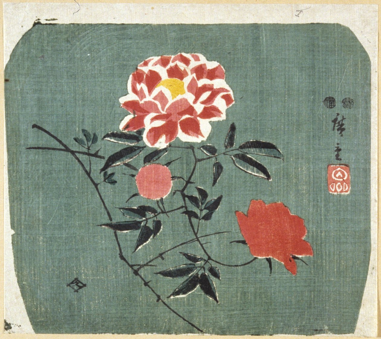 Fan Print: Rose by Ando or Utagawa Hiroshige