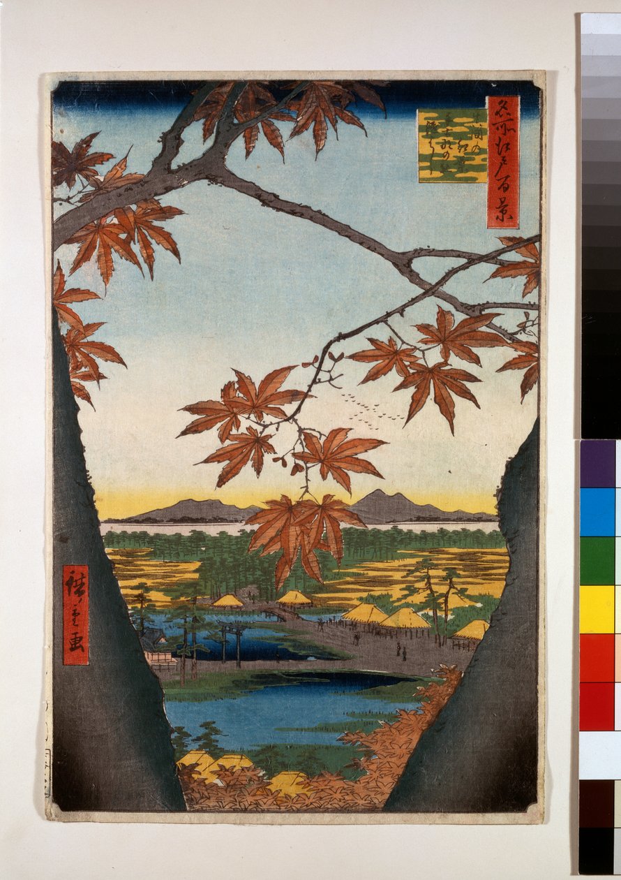 Maple Trees at Mama, Tekona Shrine, and Linked Bridge by Ando or Utagawa Hiroshige