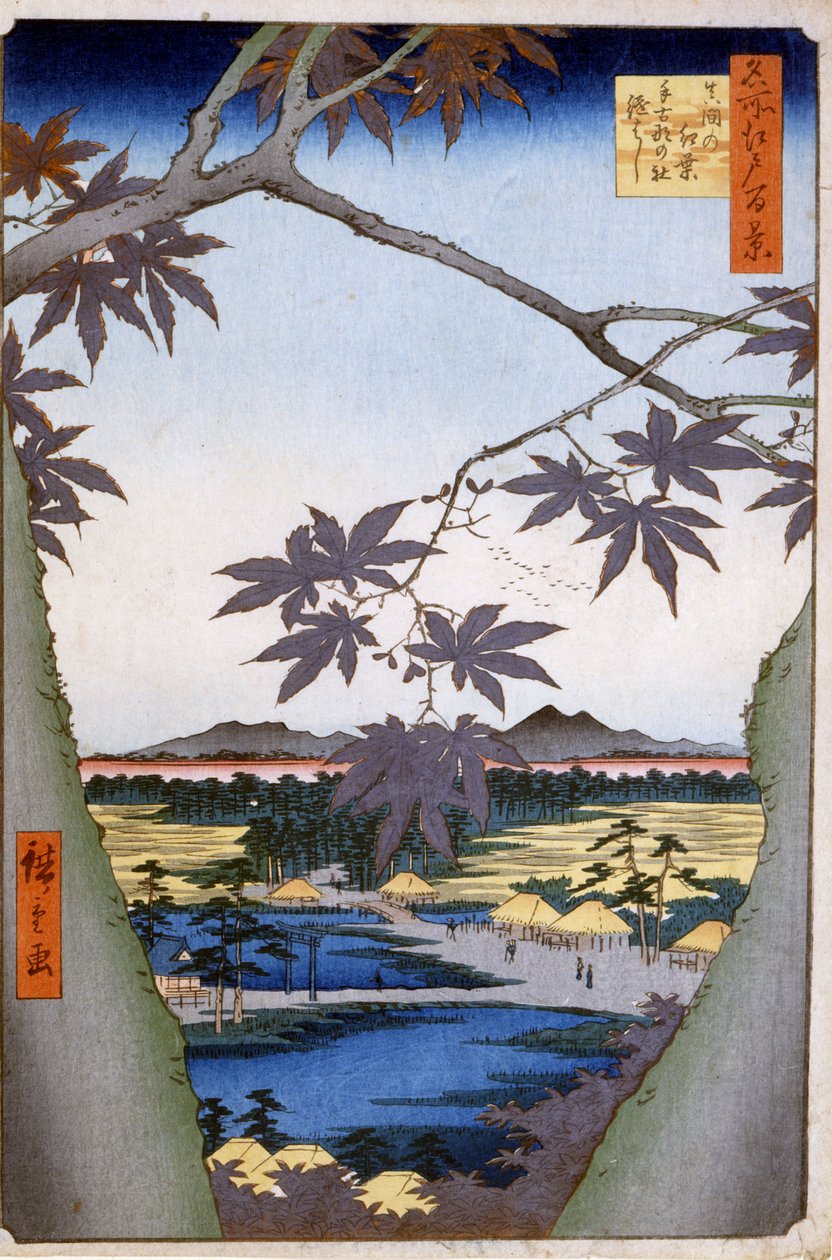 Maples to Mama with Tekona Temple and Tsugi Bridge. Prints by Katsushika (Utagawa) Hiroshige by Ando or Utagawa Hiroshige