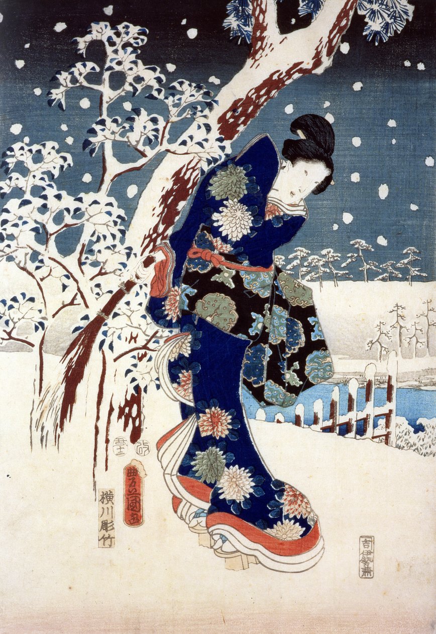 Snow Scene in the Garden of a Daimyo, part of Triptych by Ando or Utagawa Hiroshige