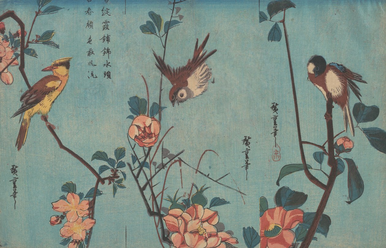 Titmouse and Camellias, Sparrow and Wild Roses and Black-naped Oriole and Cherry Blossoms, c.1833 by Ando or Utagawa Hiroshige