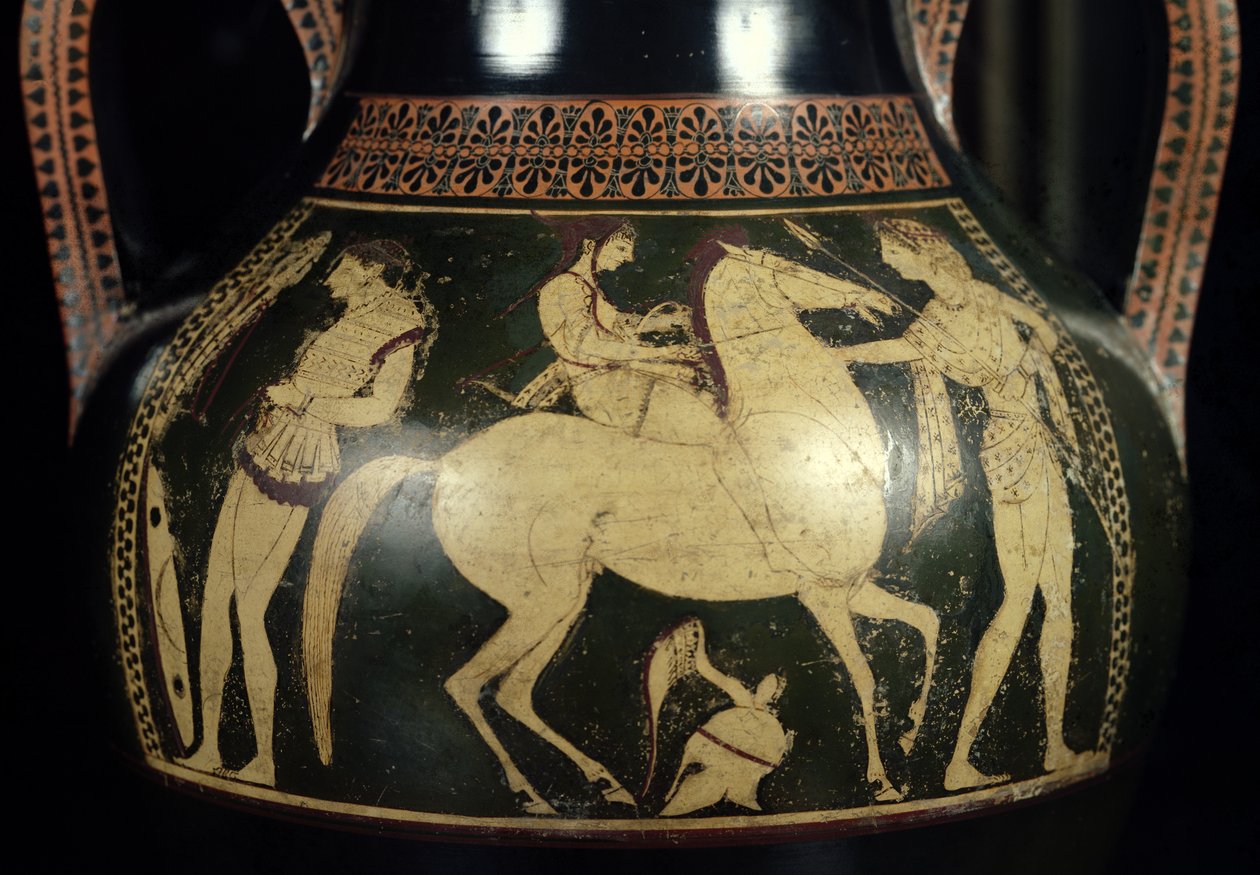 Attic white-figure amphora depicting amazons preparing for battle (detail) by Andokides Painter