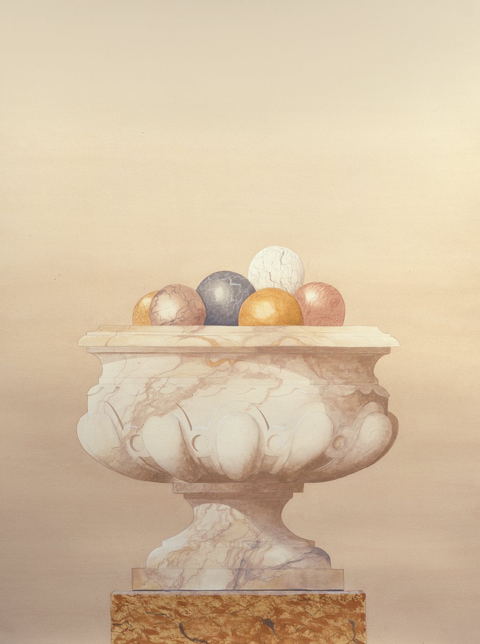 Marble White Vase with Six Marble Balls by Andras Kaldor