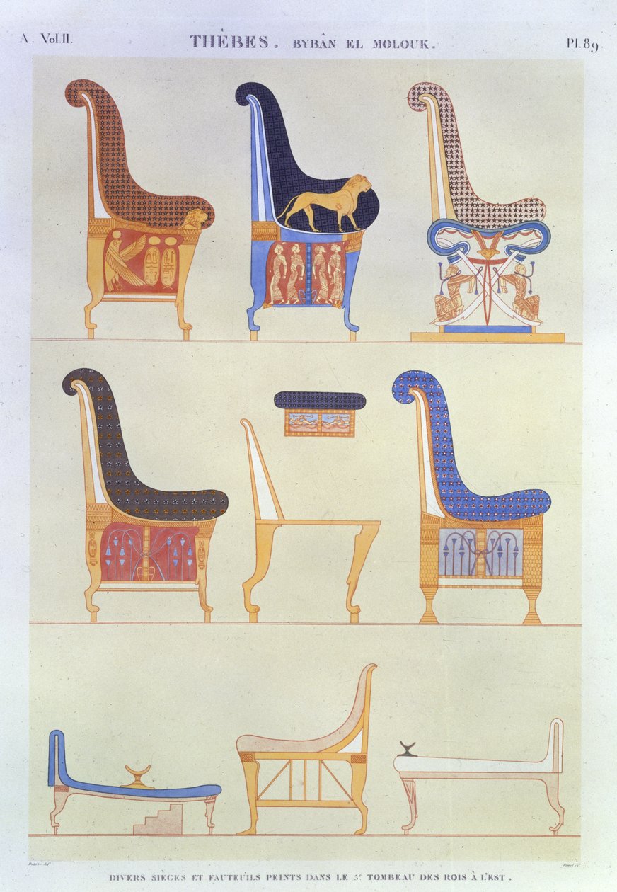 Illustrations of various painted seats and armchairs from the 5th Tomb of the Kings at the east, Byban el Molouk, plate 89 from Vol II of `Descriptions of Egypt`, engraved by Pomel, 1822 by Andre Dutertre