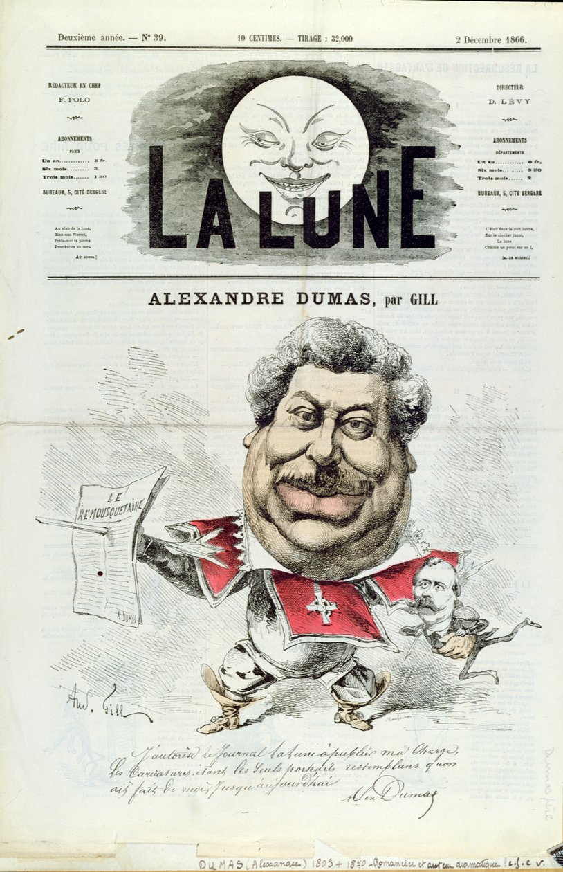 Caricature of Alexandre Dumas pere as a Musketeer, from the front cover of 
