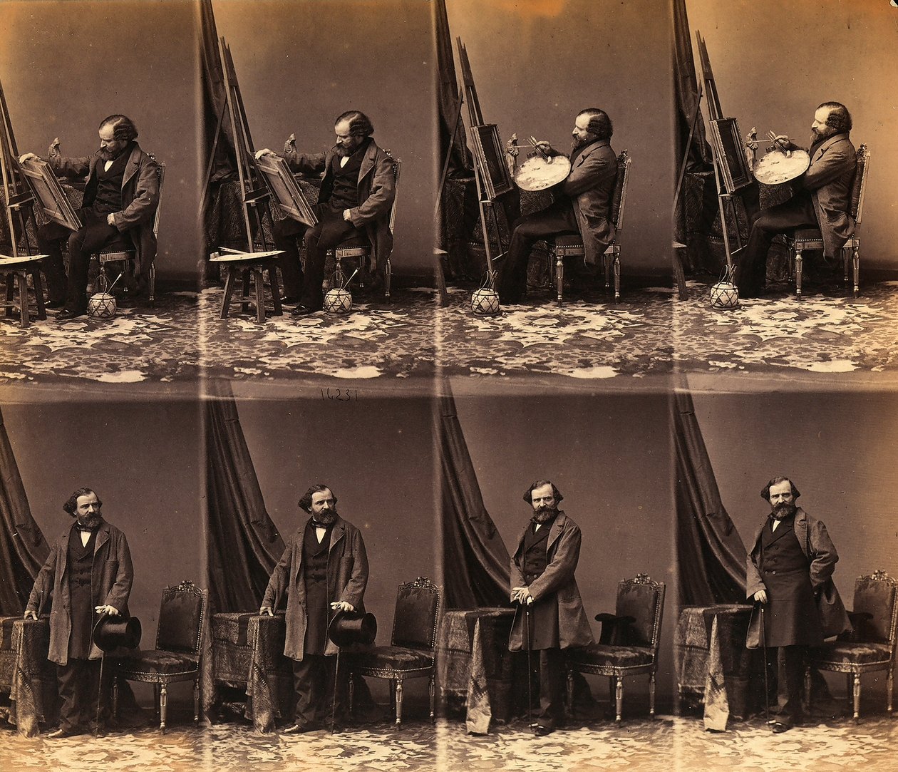 Portrait of the painter Lepualle: sheet of six uncut cartes de visite by Andre Adolphe Eugene Disderi