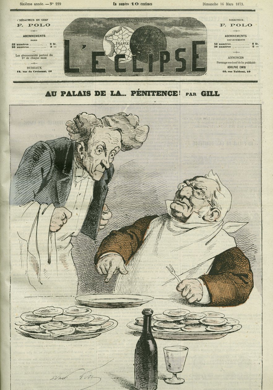 At the palace of penitence, caricature of President of the Republic Adolphe Thiers (1797-1877). Cover in 
