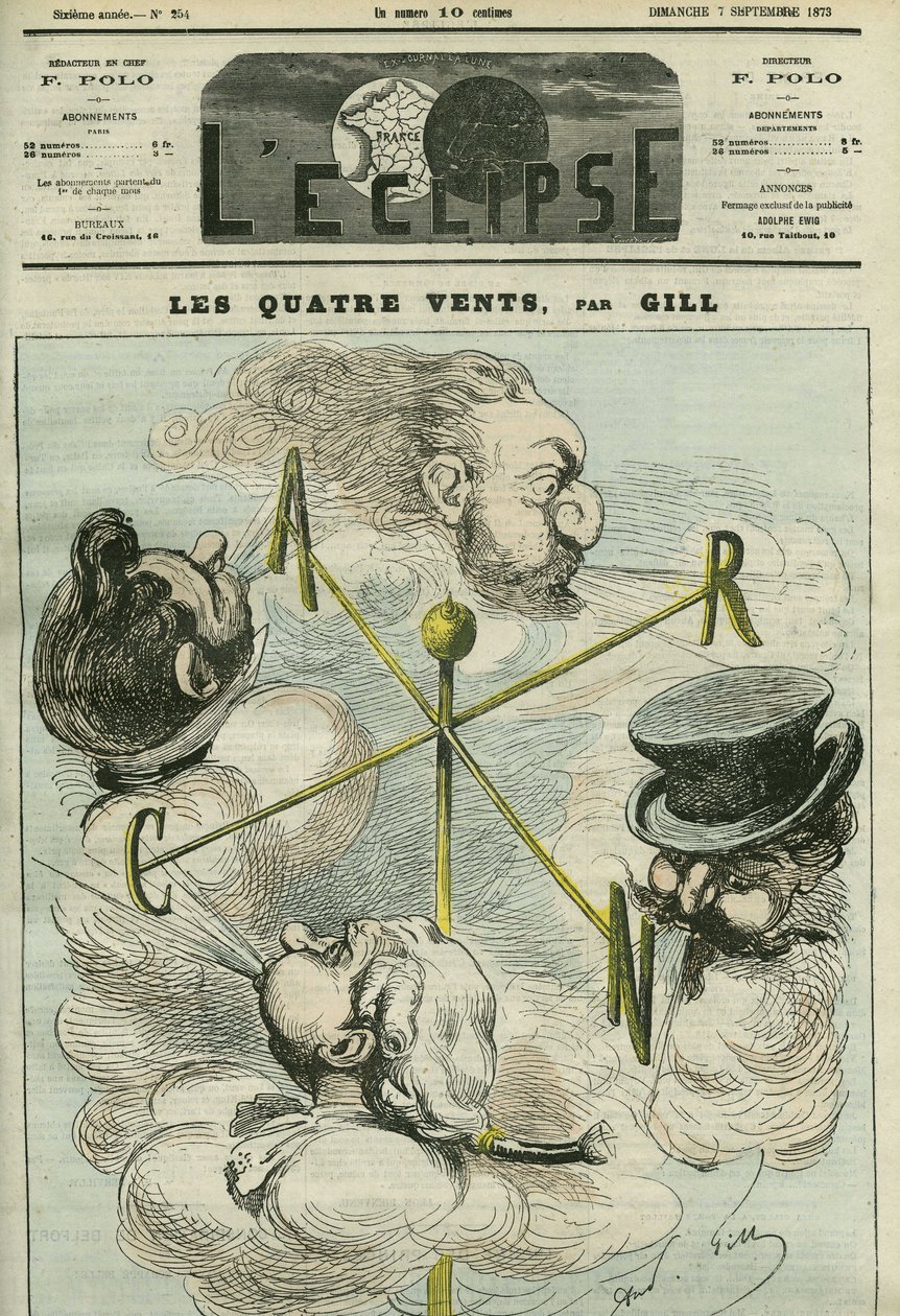 Cartoon The Four Winds, symbolizing the four political parties. Cover in L