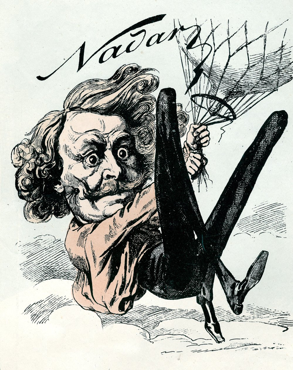 Cartoon of Felix Nadar, pioneer of aerial picture in 1858, here hanging from his balloon by Andre Gill