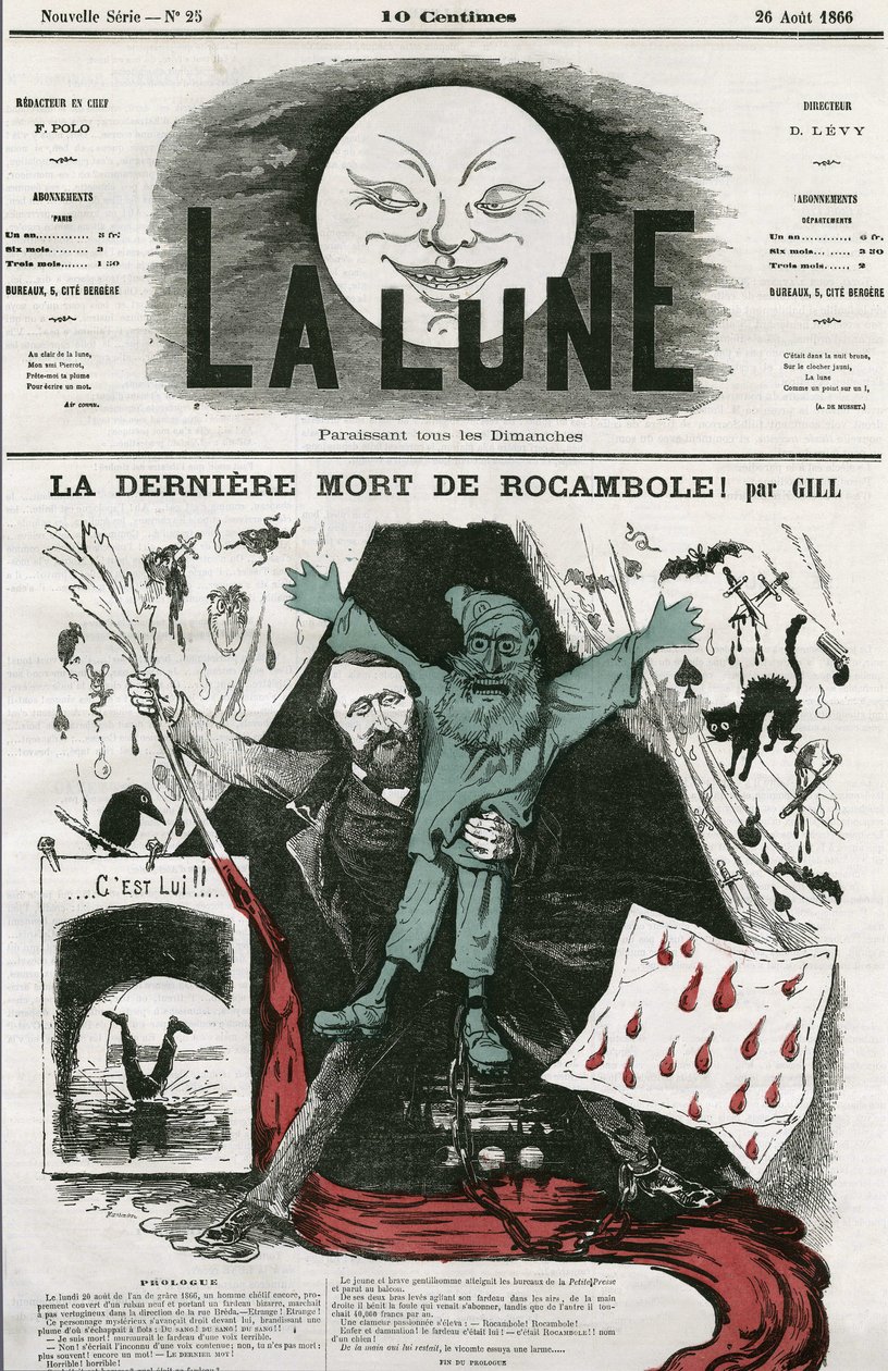 Cartoon of La last mort de Rocamole and its author, Pierre Alexis Ponson du Terrail (1829-1871) by Andre Gill