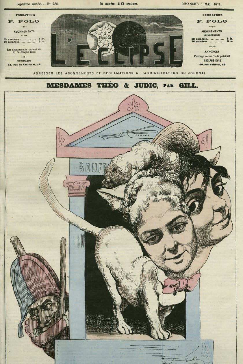 Cartoon of Ladies Louise Theo and Anna Judic, Singers in a Play by Jacques Offenbach. Cover in 