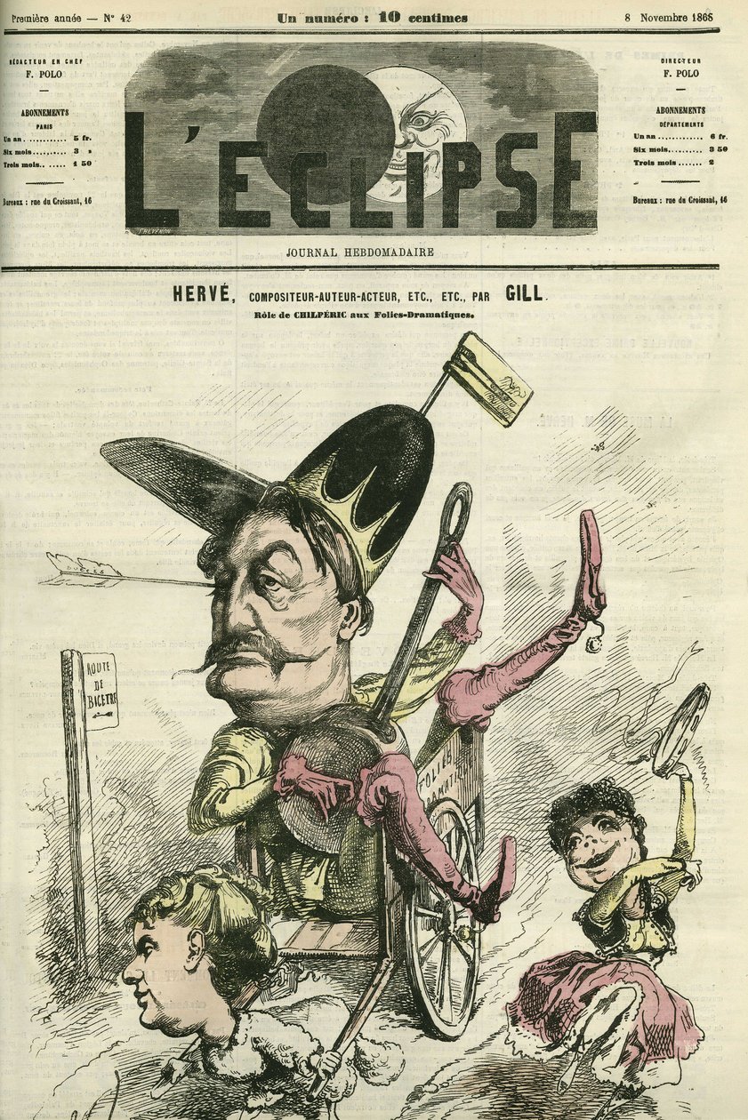 Florimond Ronger dit Herve, French composer, author, actor, plays the role of Chilperic at the Theatre des Folies-Dramatiques by Andre Gill