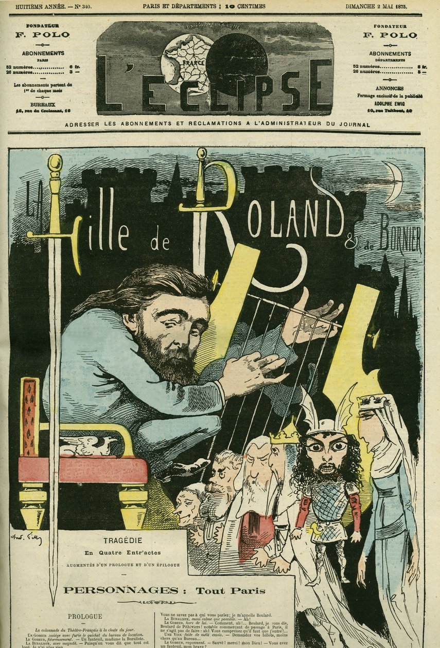 Illustration of the theatre piece La Fille de Roland by Etienne Charles Henri, Viscount de Bornier. Cover in L