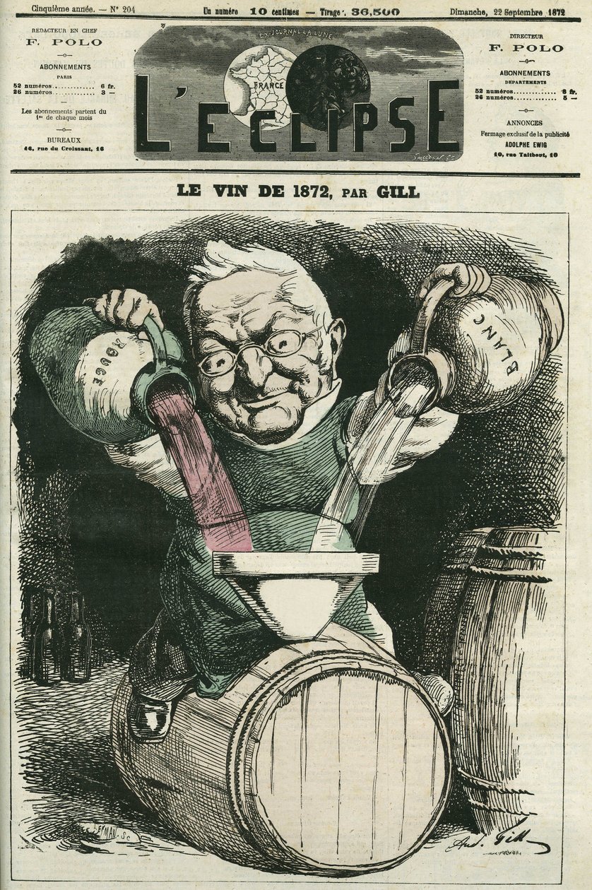 The wine of 1872, illustration by Adolphe Thiers mixing white and red wine (1797-1877), French historian and statesman. Cover in 