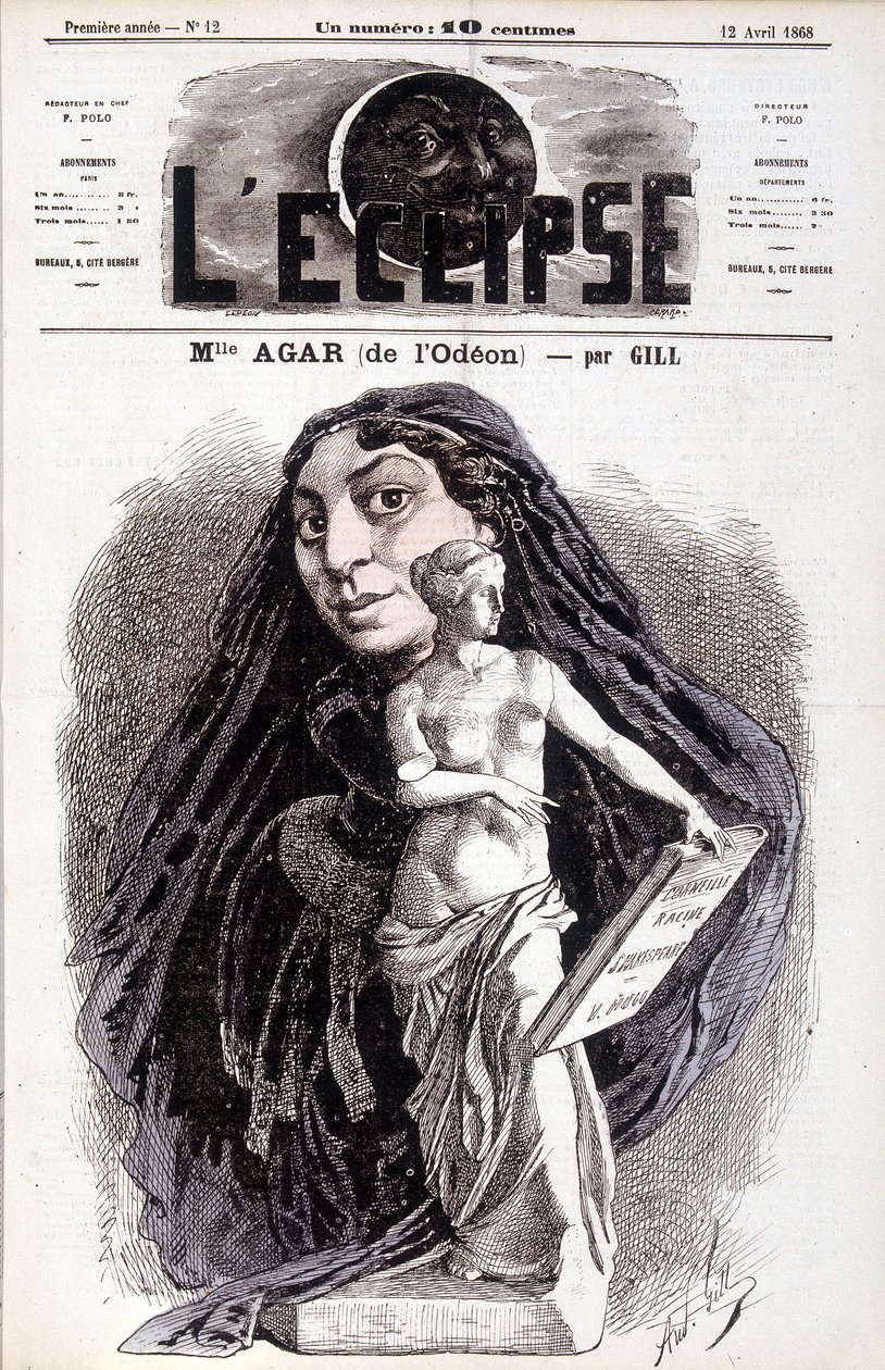 Mademoiselle Agar (from the Odéon) Actress at the French Academy. Drawing by Gill in the Eclipse by Andre Gill