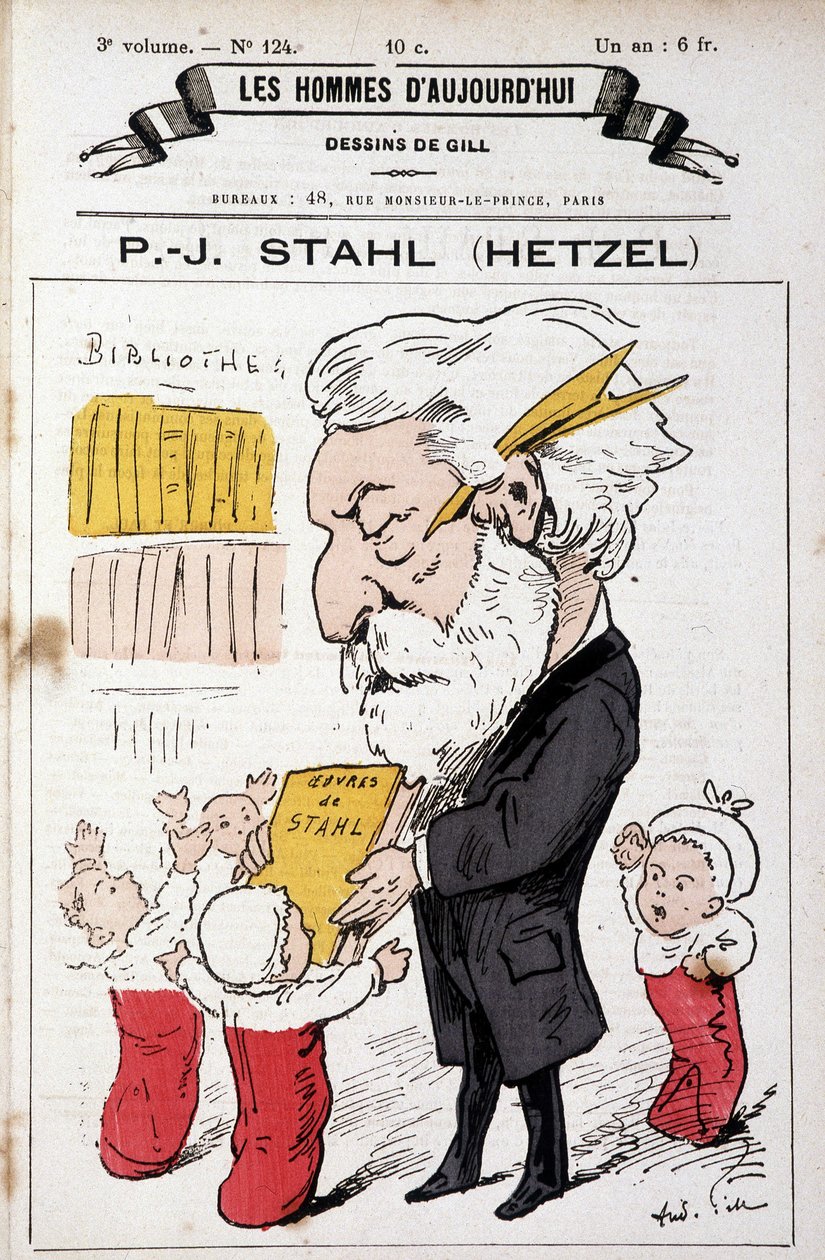 Portrait-charge of Pierre Jules Hetzel offering Stahl