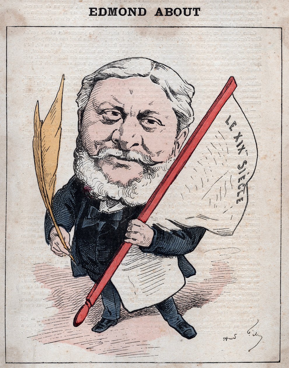 Portrait of Edmond Francois Valentin About, French writer, journalist and art critic - Caricature by Andre Gill, in 