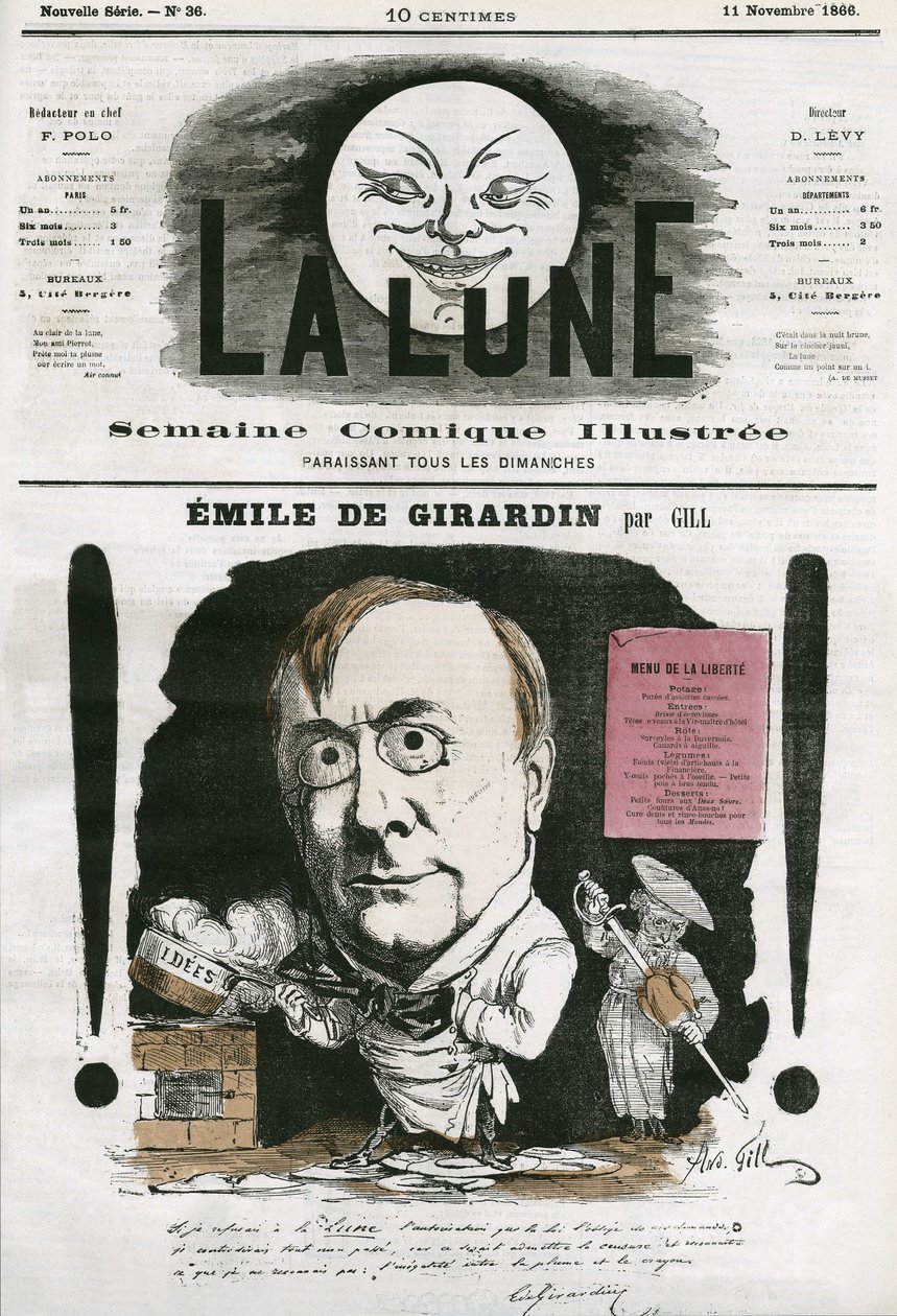 Portrait of Emile de Girardin (1806-1881), French journalist. Cartoon by Gill, in The Moon, November 11 by Andre Gill