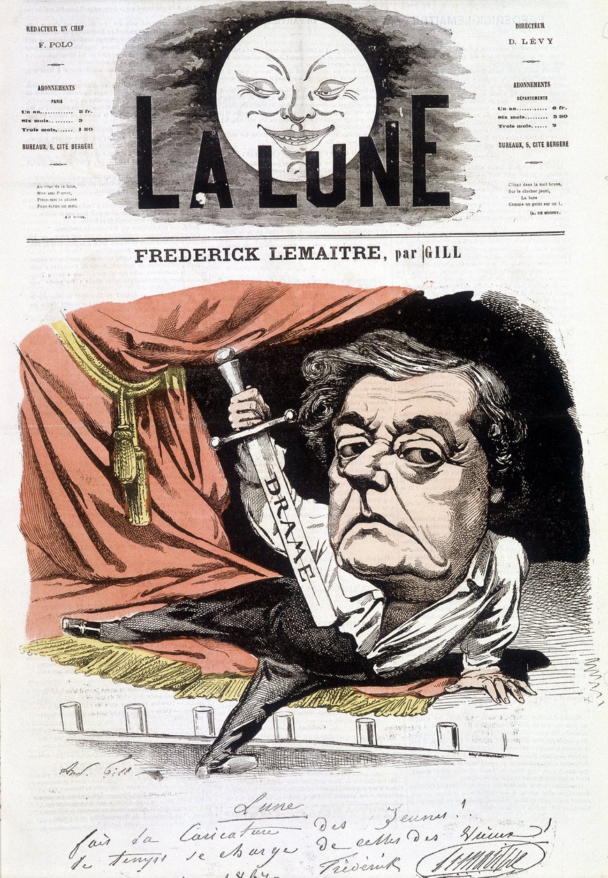 Portrait of Frédérick Lemaître (1800-1876), French Dramatist and Actor. Cartoon by Gill in 
