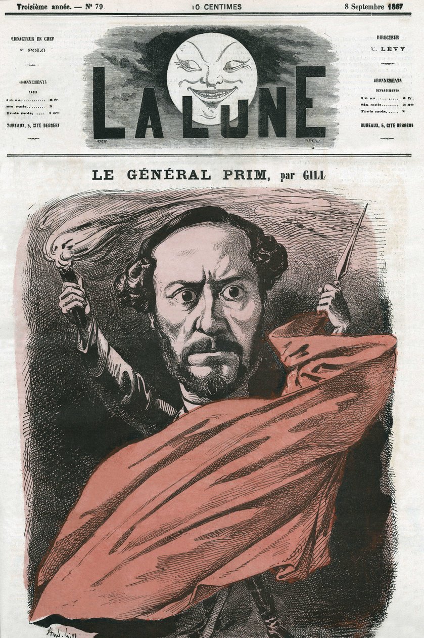 Portrait of General Juan Prim, Spanish military and politician. Cartoon by Gill, in 