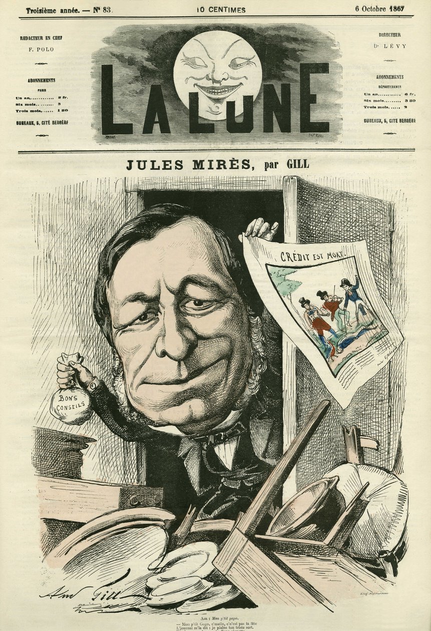 Portrait of Jules Mires, French industrialist. Cartoon by Gill, in 