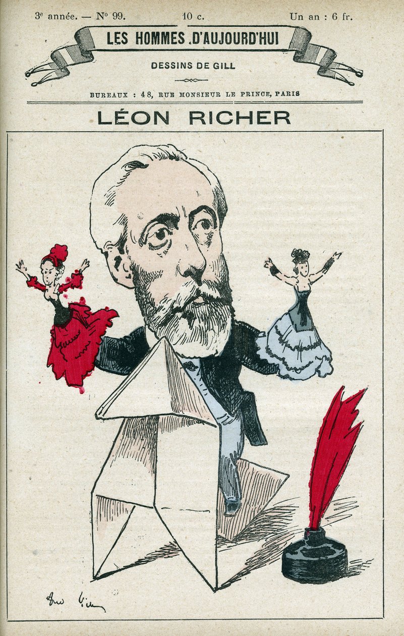 Portrait of Leon Richer, a French journalist and intellectual, he founded the Association pour le droit des femmes and the Ligue francaise pour le droit des femmes in 1882. Cartoon by Gill, Paris by Andre Gill