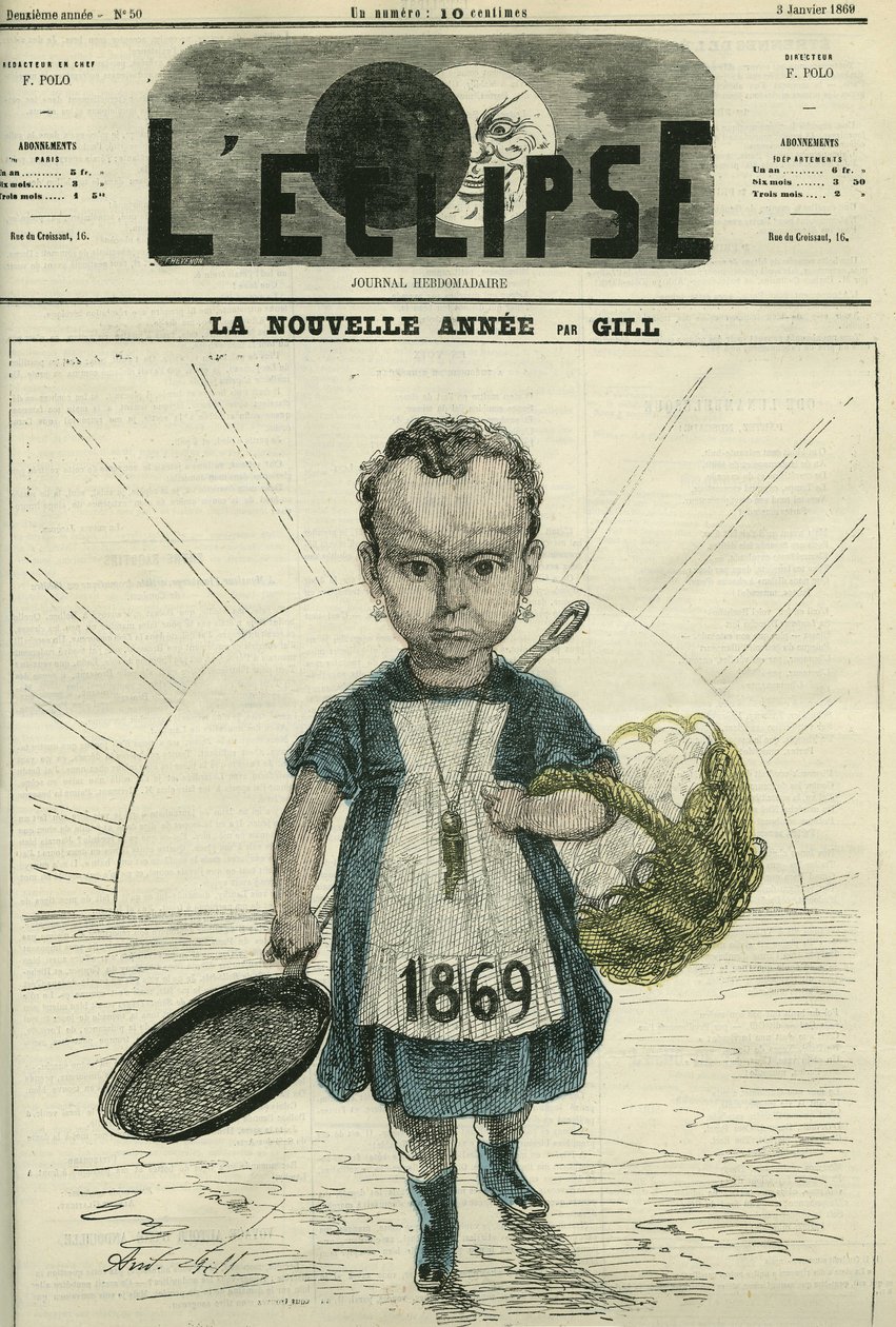 The New Year, Illustration of a Little Girl Holding a Stove and a Basket of Eggs by Andre Gill