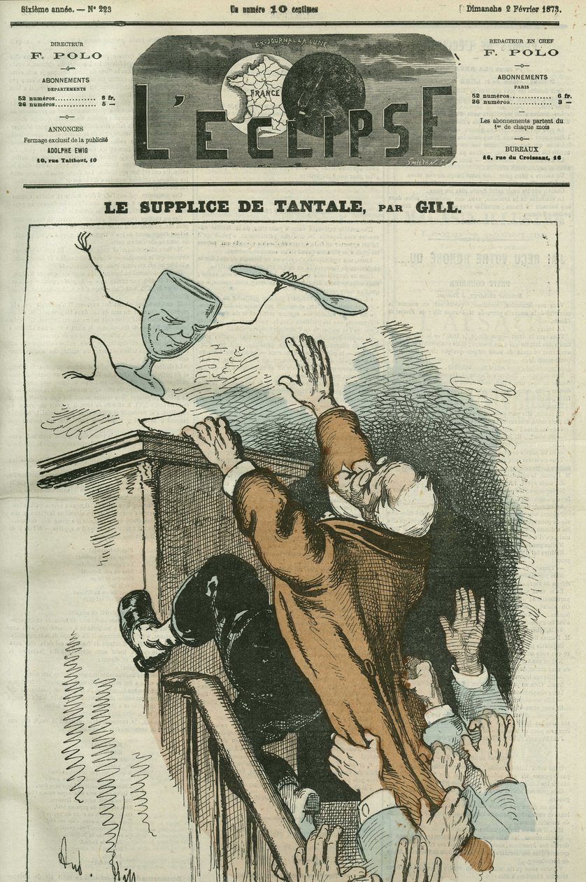 The Torment of Tantalus, Caricature by Adolphe Thiers (1798-1874), French Statesman. Cover in L