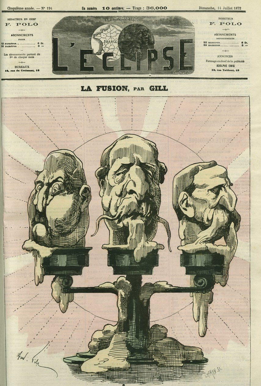 The fusion, an illustration of the constitution of the Assembly, with royalists, bonapartists, and republicans. Cover in 