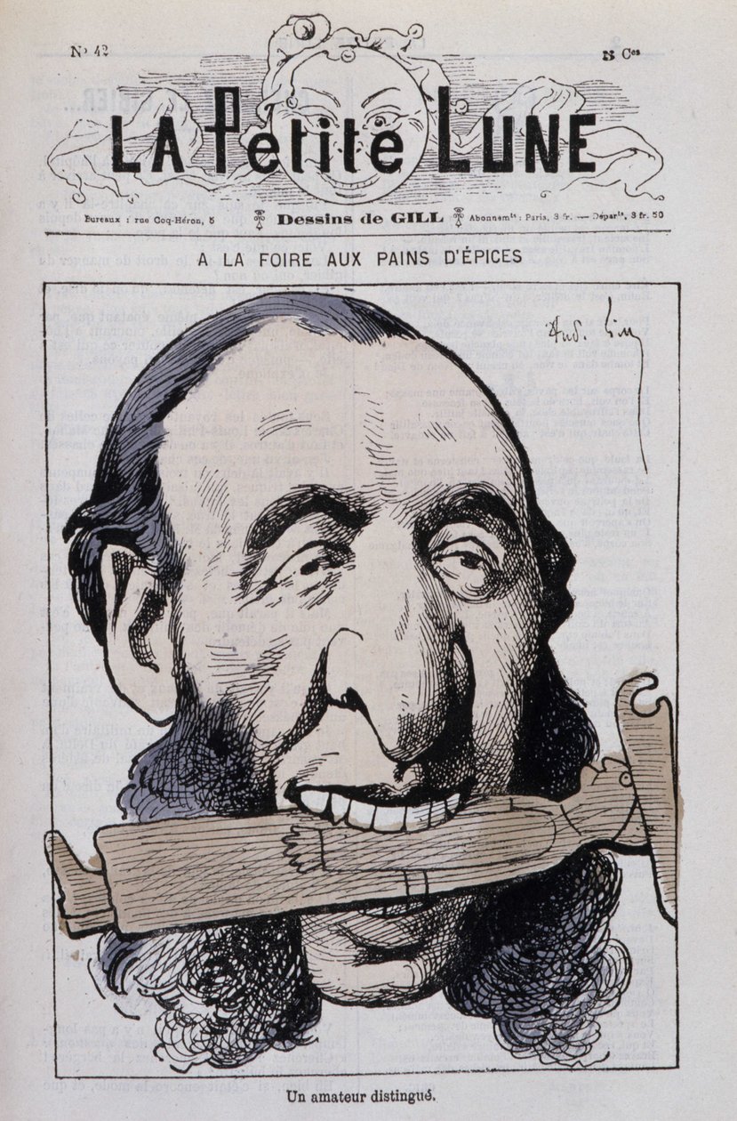 The gingerbread fair, a distinguished amateur: Caricature by Jules Ferry anticlerical - in The Little Moon by Andre Gill