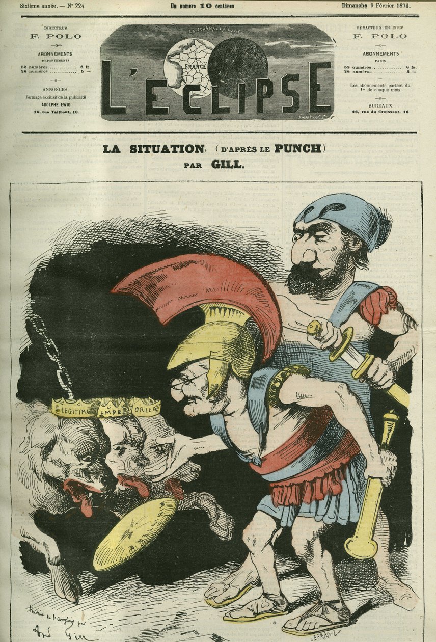 The situation, cartoon by Adolphe Thiers (1797-1877) and Leon Gambetta (1838-1882) giving a ministry to royalist and bonapartist dogs. Cover in L