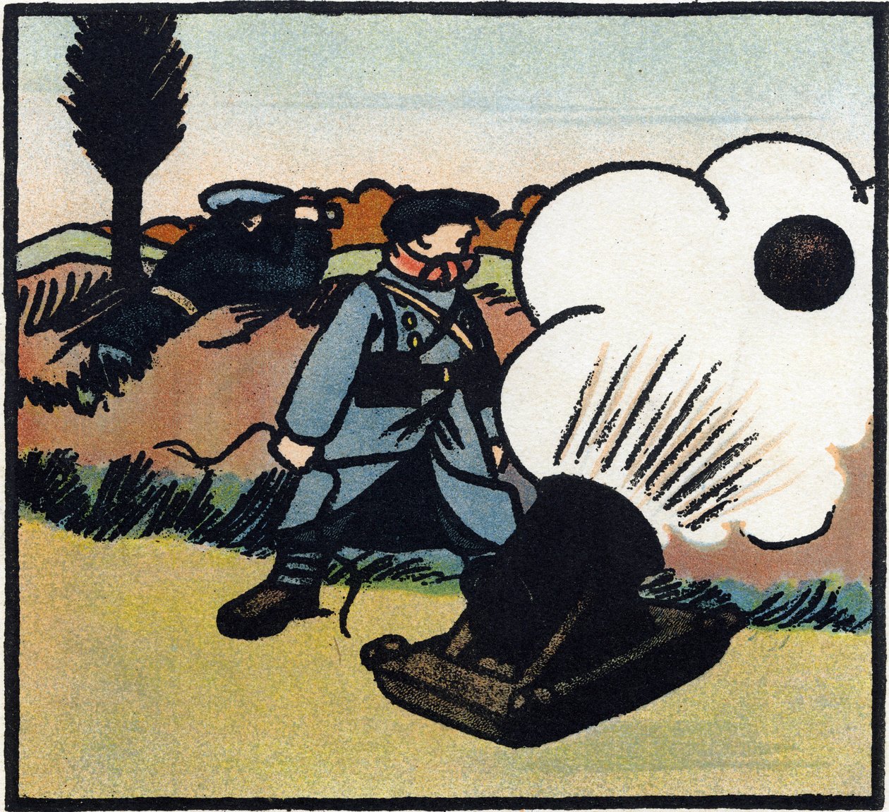 First World War 1914-1918: Bomb Launcher. A French Soldier Sends Bombs at the Enemy with a Cannon. Engraving in 