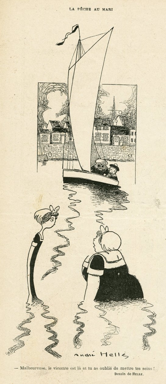 Illustration of Andre Helle (1875-1945) in Le Rire, 03/09/10 - La peche au Mari - Leisure, Love, Maritime Marine Marine Seaside, Obeite, Yachting by Andre Helle