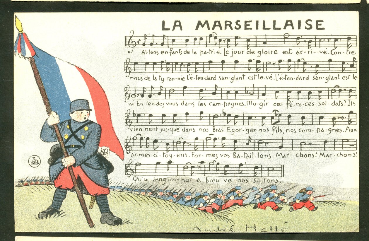 Postcard, Satirical in Colors: La Marseillaise - War of 14-18, Marseillaise, Singing Illustration by Andre Helle by Andre Helle