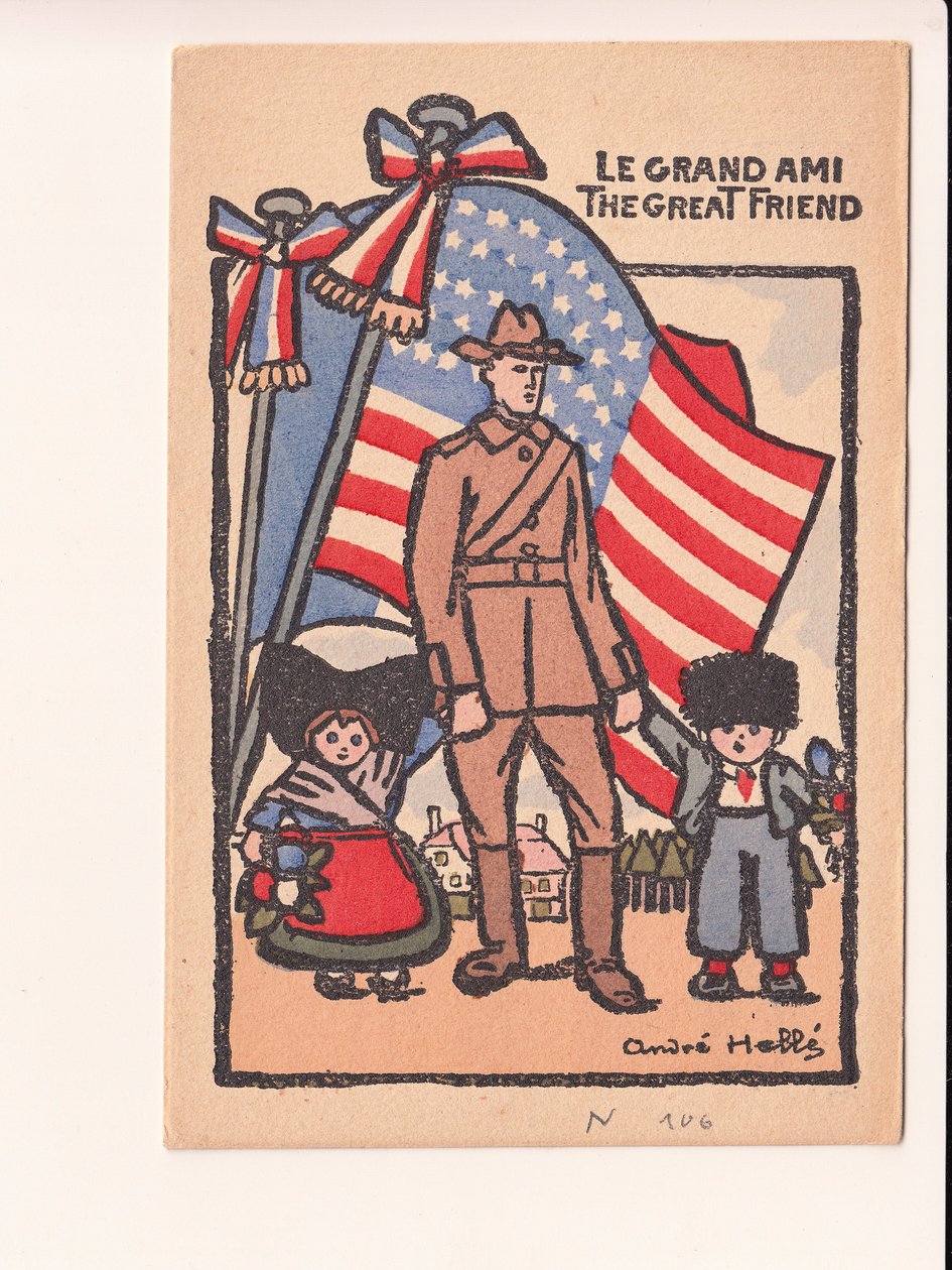 Postcard, Satirical in Colors: Le Grand Ami the Great Friend - War of 14-18, America, Alsace Lorraine Illustration by Andre Helle (1875-1945) by Andre Helle