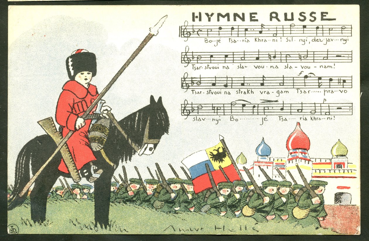 Postcard, Satirical in Colors: Russian Anthem - War of 14-18, Russia, Singing - Soldiers Illustration by Andre Helle (1875-1945) by Andre Helle